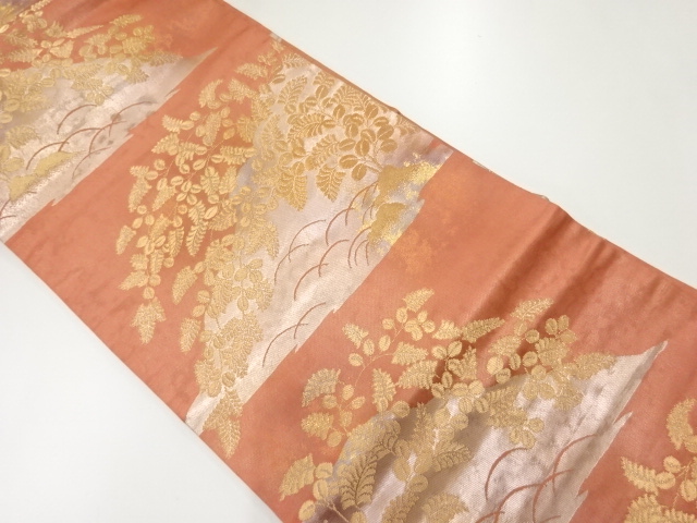 JAPANESE KIMONO / ANTIQUE NAGOYA OBI / SILK / WOVEN DISTANT MOUNTAINS & AUTUMN PLANTS